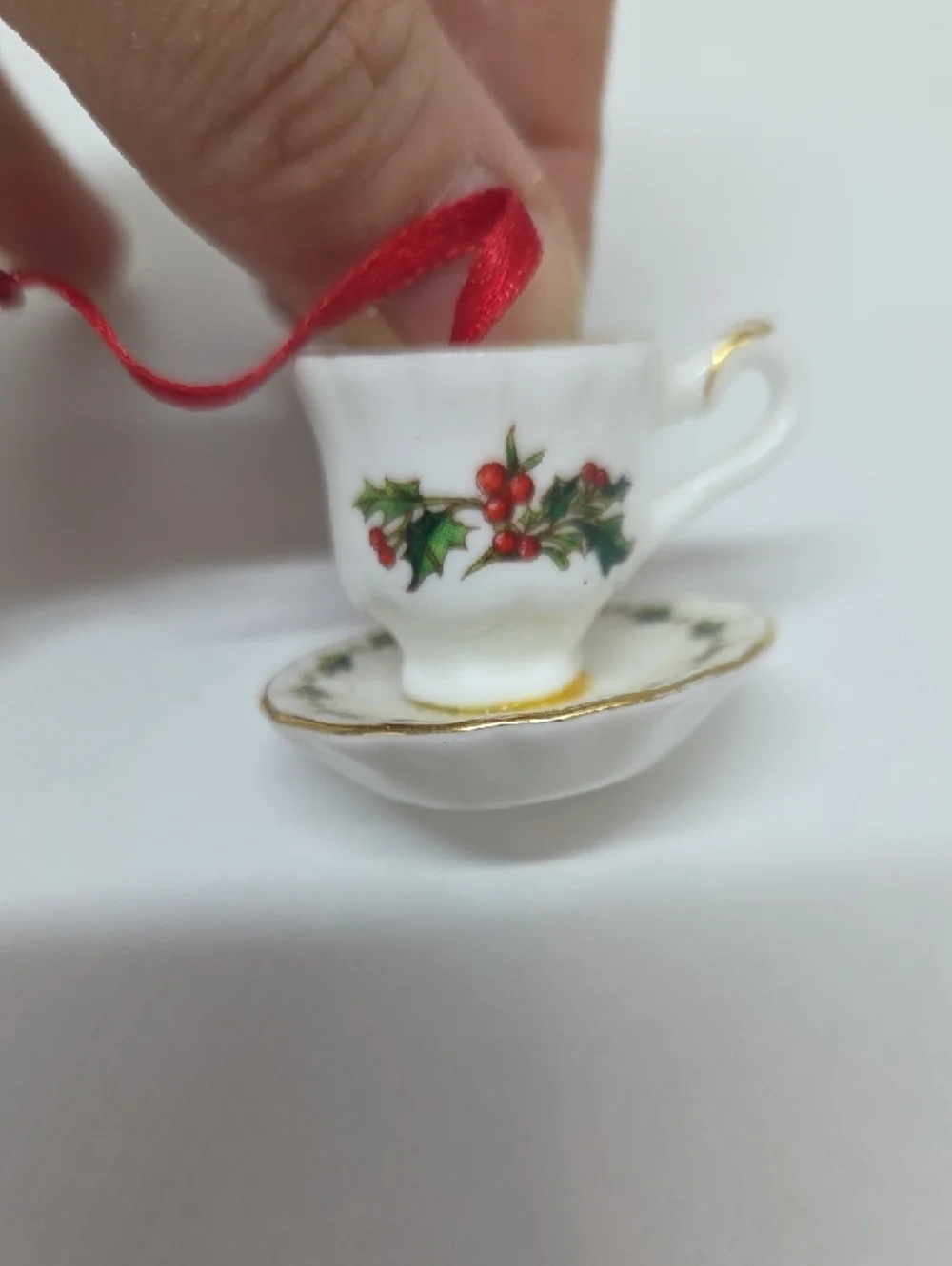Miniature Porcelain Teapot & Teacup Ornament — White with Holly Red Ribbon